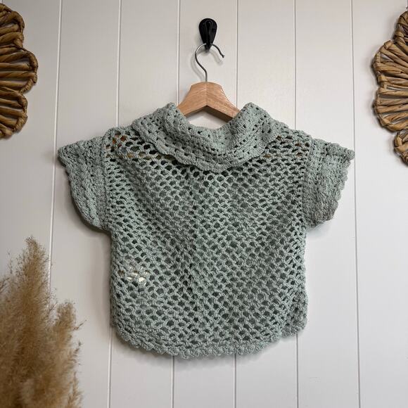 Free People crochet top collard button-front knit cotton XS boho preppy - Picture 6 of 8
